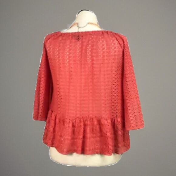 Crotchet Lace Coral Sz S Top Gathered Hem Orange Shirt Round Neckline 3/4 Sleeve - Picture 5 of 13